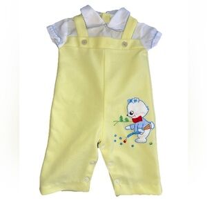 Vintage Boys Yellow Overall Jumper size 12 mos Peter‎ Pan Collar Fishing Bear